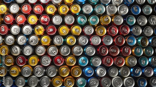 assorted aluminum soda cans in a top-down perspective  showcasing a variety of refreshing flavors.