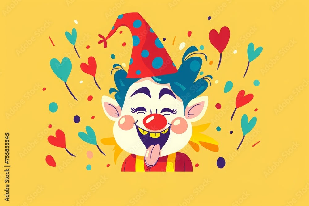 April Fool's Day flat vector illustration with a happy clown face, jester hat . Vector flat design illustration of a funny smiling character with a jester hat and tongue sticking out April Fool's Day flat vector illustration with a happy clown face, jester hat . Vector flat design illustration of a funny smiling character with a jester hat and tongue sticking out
