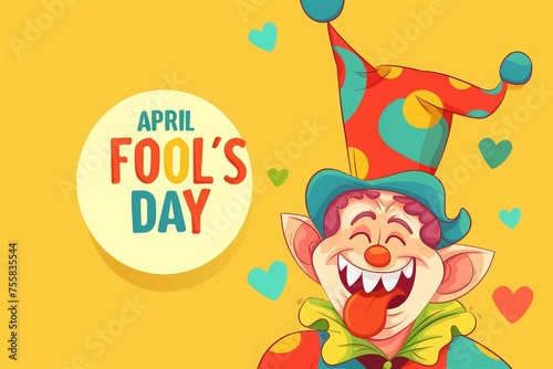April Fool s Day flat vector illustration with a happy clown face  jester hat . Vector flat design illustration of a funny smiling character with a jester hat and tongue sticking out