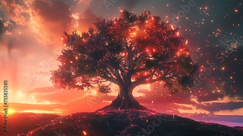 Fantasy landscape with a tree at sunset. 3d illustration.