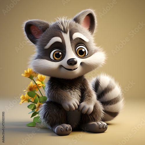 a cartoon raccoon sitting next to a bunch of yellow flowers