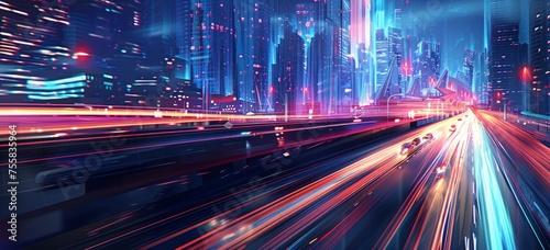 A dynamic cityscape with light trails representing fast movement on the highway Generative AI