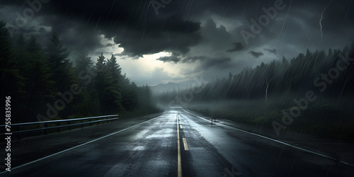 Spooky Road, thunderstorm, highway road in the night with heavy rain, Dark Road Leading Left, Generative AI