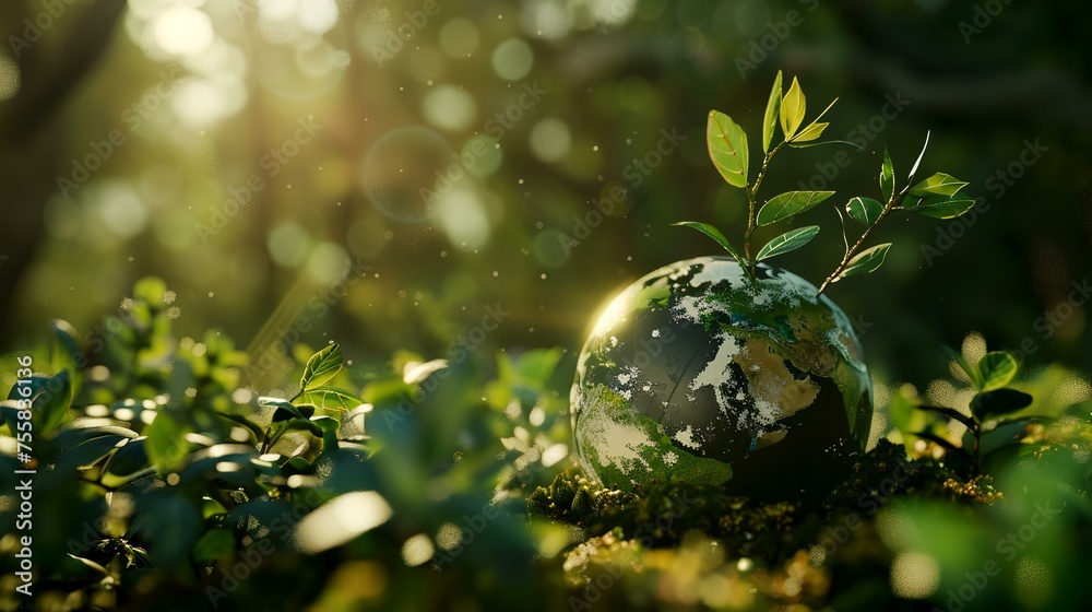 Globe in the forest. Environment conservation concept. 3D Rendering