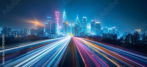 Abstract cityscape background with blurred light trails on a highway symbolizing speed and technology in urban life Generative AI