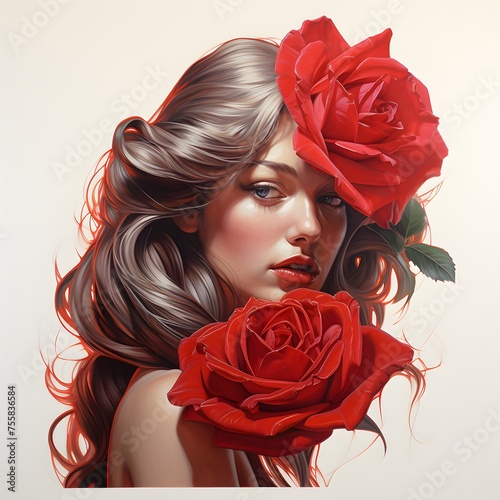 a woman with long hair and red roses