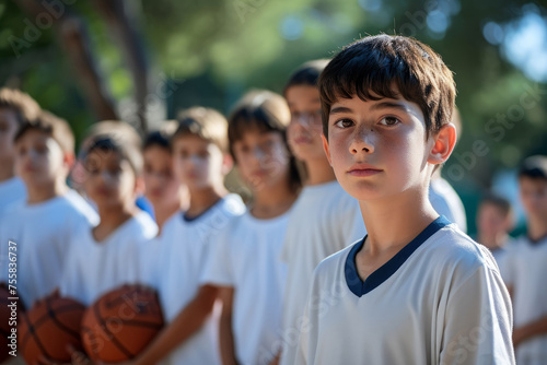 camaraderie and teamwork, as the boys part of a sports team or group activity. elementary school children of various ethnicities in white t-shirts, in the school yard with a basketball in hands. photo