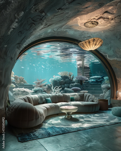 Interior view  interior architecture of an underwater glass dome