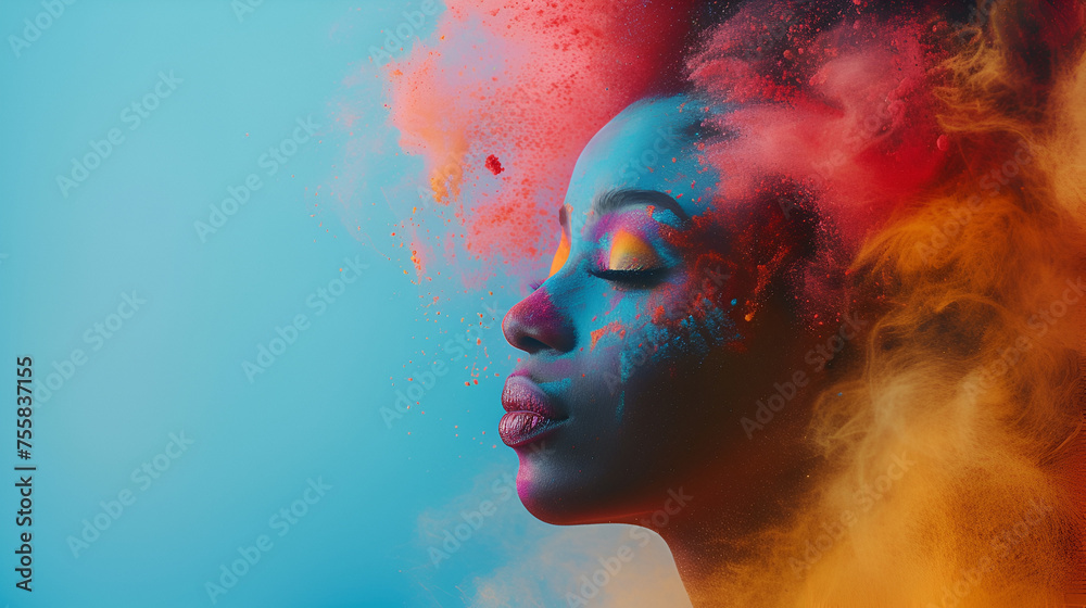 Fashion model girl portrait with colorful powder make up. Beauty woman with bright color makeup. Close-up of Vogue style lady face. generative ai 