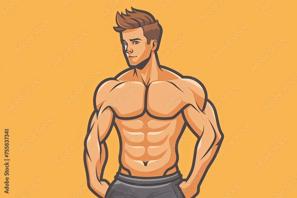 Fitness Model, Man shows abs while standing, Flat style. icon, orange background. Fitness Model, Man shows abs while standing, Flat style. icon, orange background.