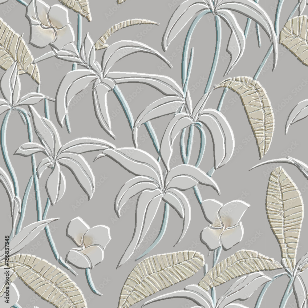 3d embossed tropical floral light seamless pattern. Textured beautiful relief background. Repeat emboss backdrop. Surface flowers, leaves. 3d line art exotic flowers ornament with embossing effect