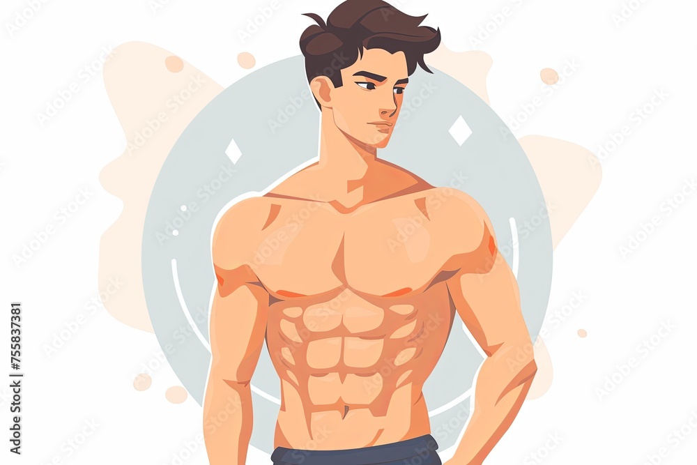 Fototapeta premium Fitness Model, Man shows abs while standing, Flat style. icon, white background.