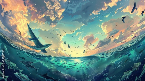 This surreal landscape imagines a world at dawn where water and sky swap places, with fish swimming amidst the clouds and birds gliding through ocean waves, a poetic inversion of the natural order. photo