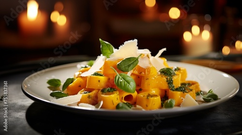 A visual feast comes to life with the impeccable arrangement of butternut squash pasta basil leaves, and Parmesan on a pristine white surface, captivating background.