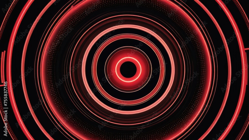 Fototapeta premium Red glowing concentric circles dominate the center of a digital art piece, embodying a minimalist and futuristic technology theme, abstract lines pulsate outward on a dark backdrop