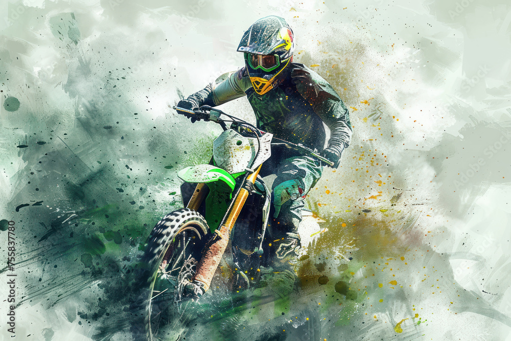 A motocross athlete in action, green splash watercolor
