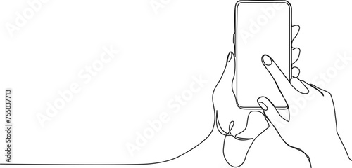 continuous single line drawing of hands holding smartphone, line art vector illustration