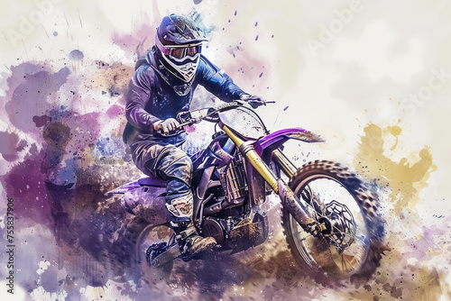 A motocross athlete in action, purple splash watercolor