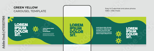 Geometric carousel template. social media seamless square post. healthy. food. green. yellow. microblog. modern. clean. minimal. advertising. leaflet. brand. eps vector illustration