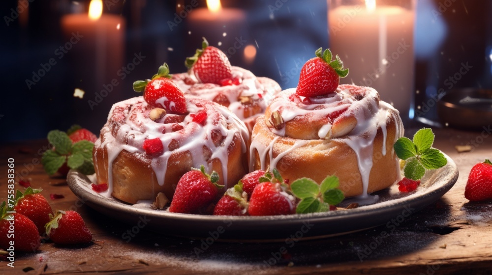 An enticing display of freshly baked cinnamon rolls, their sweet aroma wafting through the air, complemented by succulent strawberries and a heavenly sprinkle of powdered sugar.