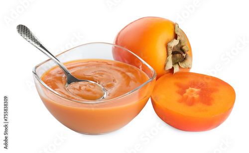 Fototapeta Naklejka Na Ścianę i Meble -  Delicious persimmon jam and fresh fruits isolated on white