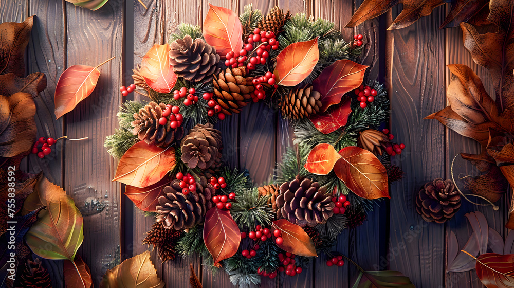 Naklejka premium A wreath made of pine cones and berries sits on a wooden table