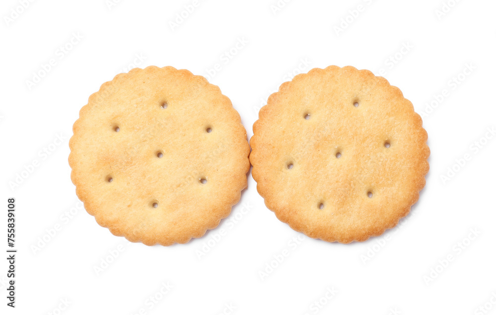 Two crispy crackers isolated on white, top view. Delicious snack Two crispy crackers isolated on white, top view. Delicious snack