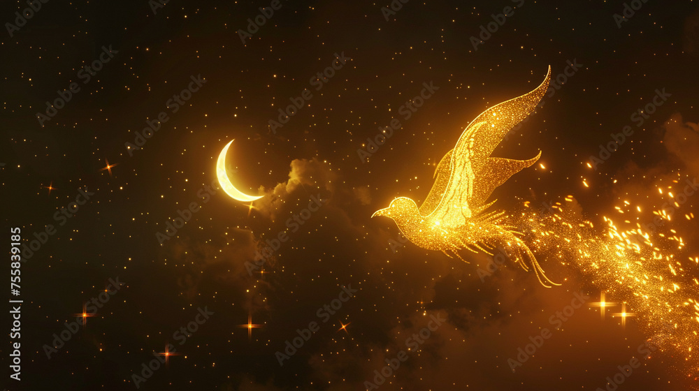 Magical golden bird in flight against a starry night sky, with a crescent moon glowing softly in the background.
