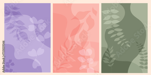  Abstract banner background template with different leaves. Can you utilized for your card, voucher, invitation, posters, brochure. Thematic florial, coming spring. Vector design. 