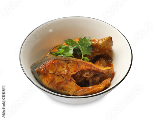 Tasty fish curry on white background. Indian cuisine
