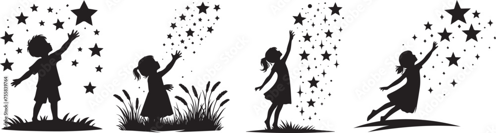 little children reaching for the stars, touching vector graphic of children's dreams, black vector graphic laser cutting engraving