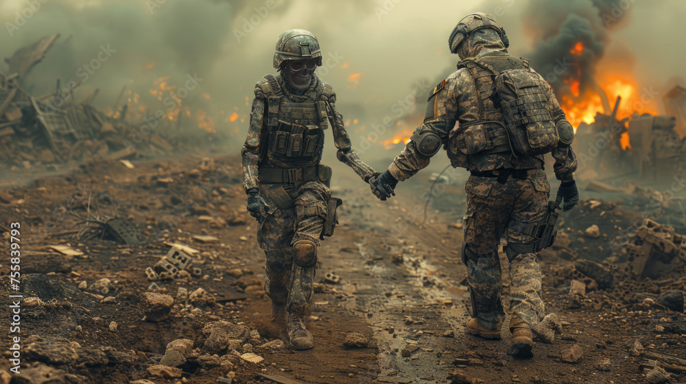Intense encounter: Skeleton, soldier shake hands in war zone.generative ai Intense encounter: Skeleton, soldier shake hands in war zone.generative ai