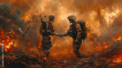 Intense encounter: Skeleton, soldier shake hands in war zone.generative ai