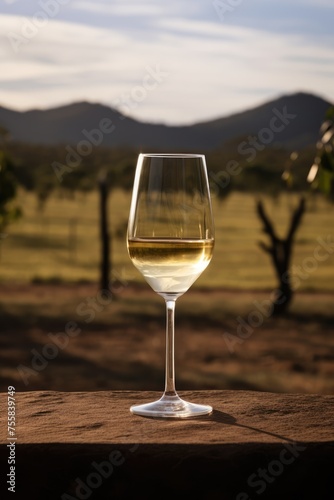 Glass of white wine on table in vineyard at sunset. Australian wine concept.