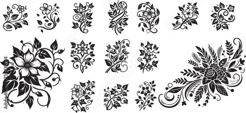 set of flowers and leaves, floral decorative ornaments, black vector graphic laser cutting engraving