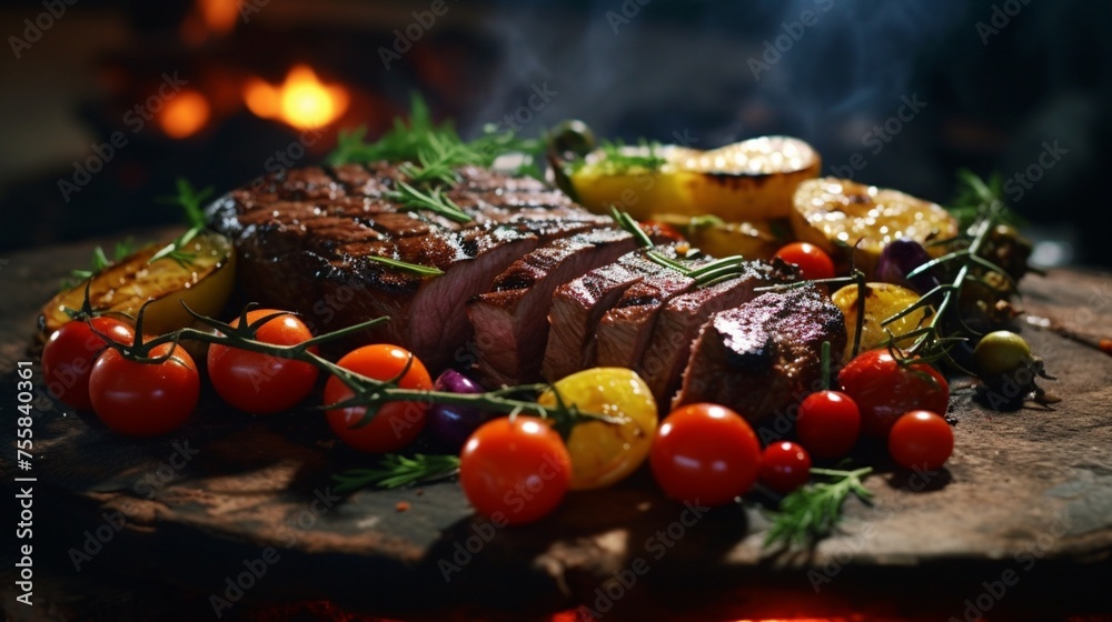 Aromatic indulgence: salted steaks grilling, flames flickering, smoke swirling, cherry tomatoes gleaming, and a vibrant salad. Aromatic indulgence: salted steaks grilling, flames flickering, smoke swirling, cherry tomatoes gleaming, and a vibrant salad.