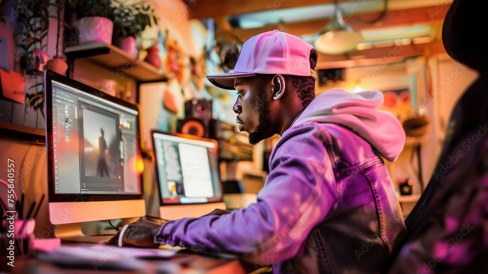 A young graphic designer focused on editing photos in a vibrant, colorful multimedia workspace with multiple screens. A young graphic designer focused on editing photos in a vibrant, colorful multimedia workspace with multiple screens.
