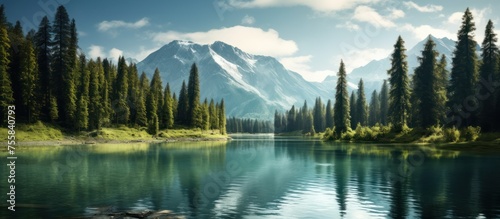 Green morning view on the lake Mountains background photo