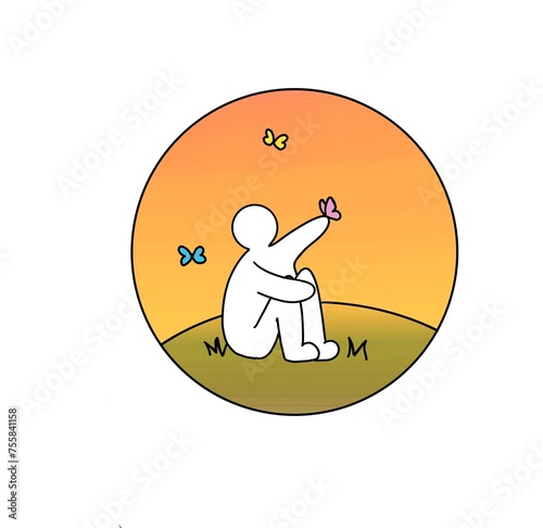 Cute stick figure, touching butterfly animals nature, cartoon style . relax, zen stick man 