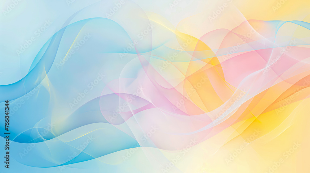 Soft, flowing curves in pastel blue, pink, and yellow create a serene and abstract background, evoking a sense of calm and creativity.