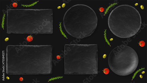 Natural slate plate mockup collection. Top view stone dishes and bowl with tomatoes, olives and rosemary. Gourmet food serving background template vector set