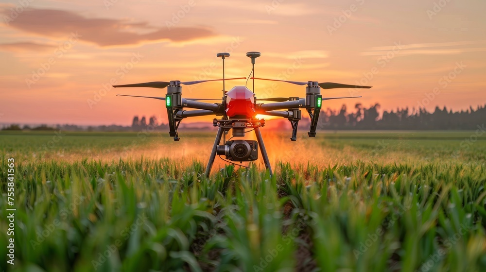 Smart drone spraying pesticides over lush green field, modern agricultural technology.
