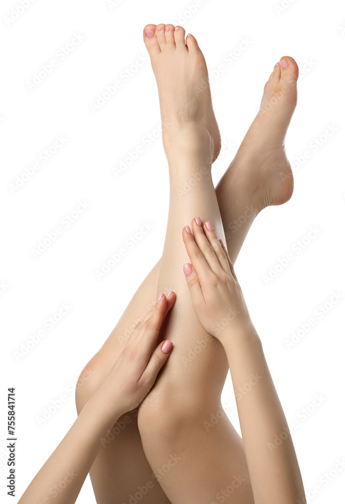 Woman with beautiful legs isolated on white, closeup Woman with beautiful legs isolated on white, closeup