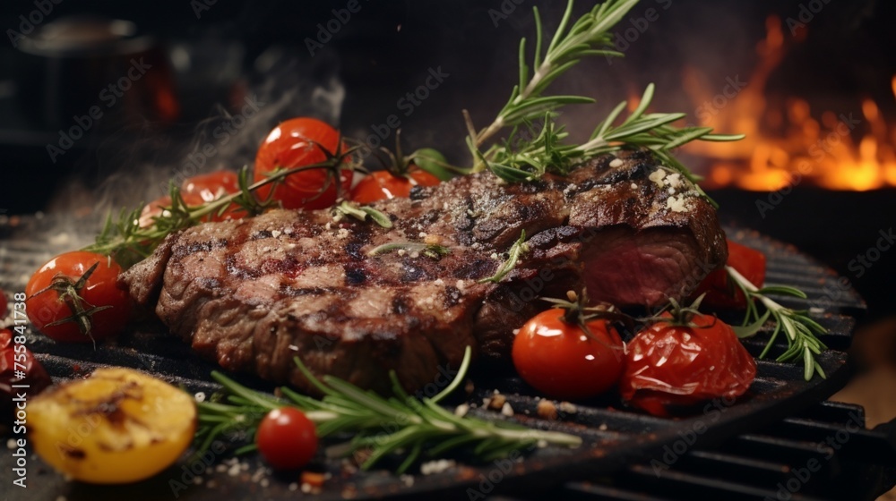 Aromatic perfection: salted steaks grilling, flames flickering, smoke swirling, cherry tomatoes gleaming, and a vibrant salad.