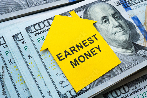 Earnest money concept. Sheet of paper in the shape of a house and cash.
