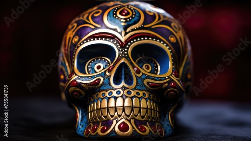 Decoration for the interior in the form of a painted skull. Day of the dead or halloween concept. © Hryhor Denys