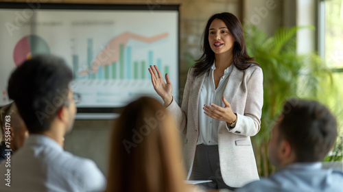 Confident Businesswoman Presenting Financial Growth on a Graph to Colleagues in a Meeting