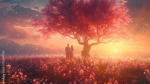 Garden of heaven,Couple in field with sakura tree flower at sunrise or sunset sky. generative ai  #755841783
