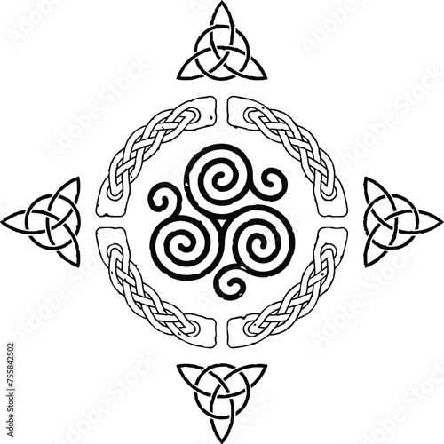 Grunge Celtic Knot Circle with Triquetra Symbols and Triskele Spiral