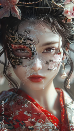 beautiful japanese girl wearing silk kimono and opera mask,generative ai